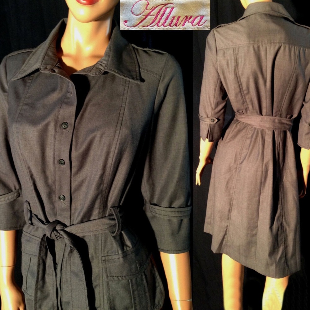 Vtg 90s ALLURA Gray Collared Button Down Shirt Dress/Sash Tie Belt~3/4 Sleeve~8 - Picture 2 of 9